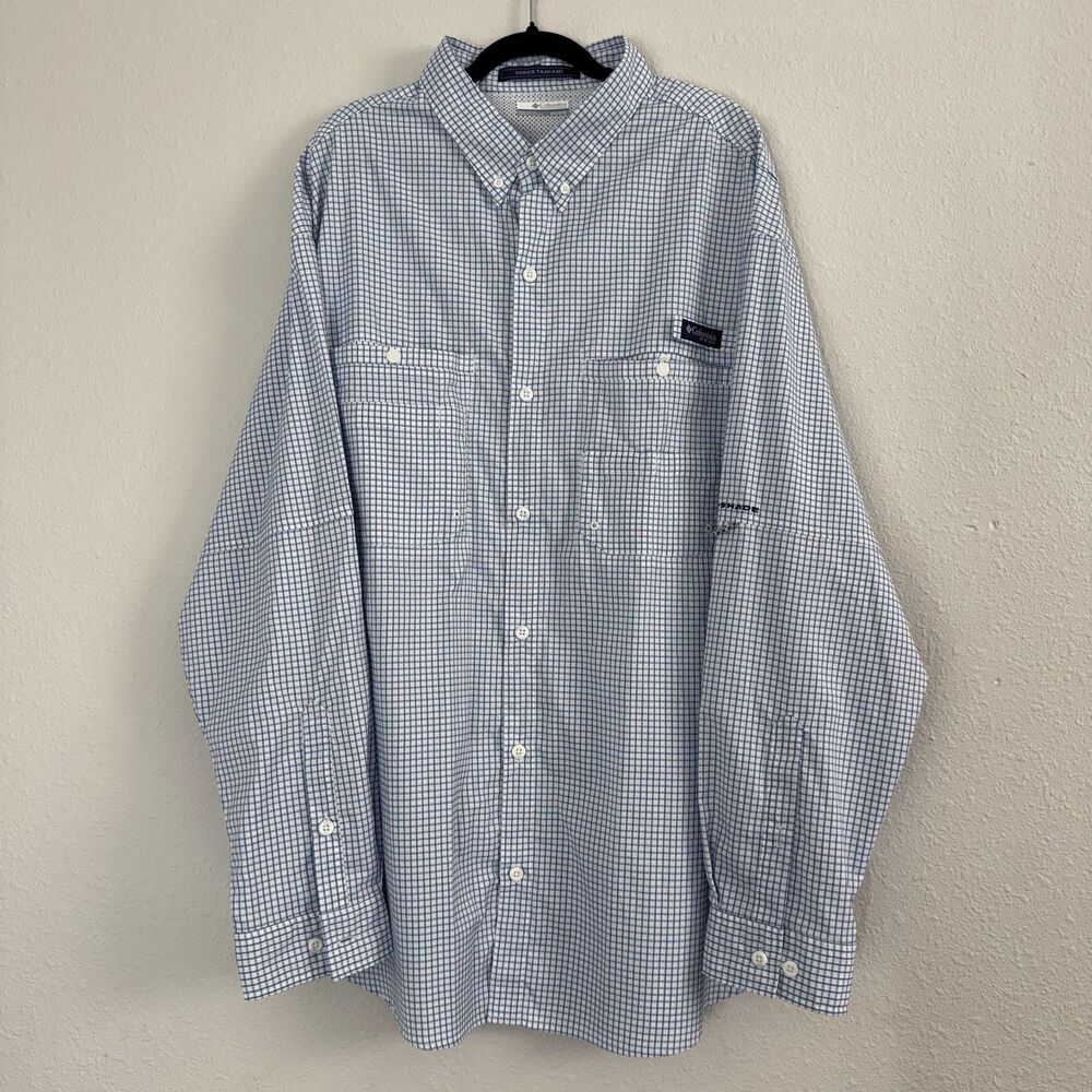 Columbia PFG Super Tamiami Shirt Mens XXL Blue Plaid Fishing Vented Long Sleeve - Picture 1 of 11
